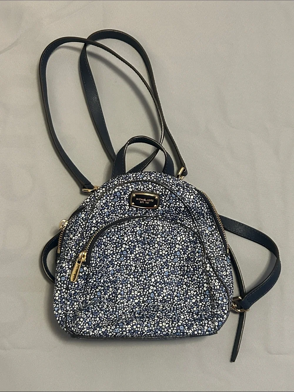Michael Kors Blue Floral Mini Backpack with Gold Hardware